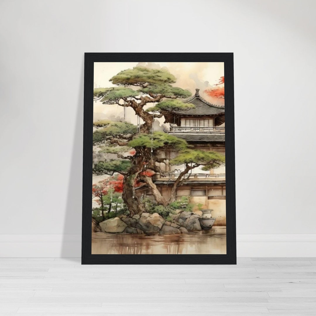 Graceful Bonsai Tree With Dojo and Asian Inspired Backdrop - Watercolor ...