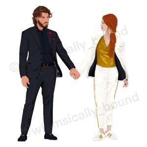 Puede incluir: Un hombre y una mujer se toman de la mano. El hombre lleva un traje negro con un pañuelo de bolsillo rojo. La mujer lleva una chaqueta blanca con una blusa dorada y pantalones blancos con rayas doradas.
