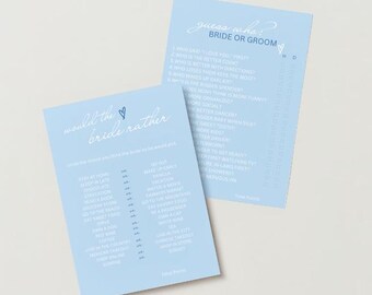 May include: Two blue bridal shower game cards. One card has the text "Would the bride rather" with a list of questions. The other card has the text "Guess who? Bride or Groom" with a list of questions.