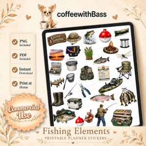 May include: A digital collection of fishing-themed stickers featuring a bass, a fishing vest, a tackle box, a kayak, a campfire, a bobber, a net, a rod, and a boat. The text reads coffeewithBass, Gone Fishing, and Fishing Elements Printable Planner Stickers.