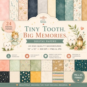 May include: A collection of 24 digital papers featuring dental and fairy themes with illustrations of teeth, a fairy, lanterns, and rainbows. The text reads Tiny Tooth. Big Memories. Digital Papers, 24 high-quality backgrounds, 12 inches by 12 inches.