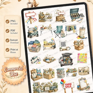 May include: A digital sheet of printable planner stickers featuring watercolor illustrations of yard sale items, including tables, clothing racks, boxes, a car trunk, signs, and a chihuahua with a coffee cup, labeled with the text coffeewithBass.