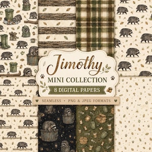 May include: A digital paper collection titled Jimothy Mini Collection featuring 8 seamless patterns with raccoons, oak leaves, acorns, tree bark, plaid, and trash cans in shades of brown, green, and black, provided in PNG and JPEG formats.
