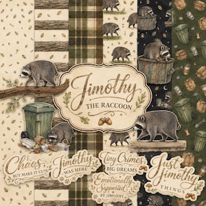 Puede incluir: Un paquete de papel digital con ilustraciones de mapaches, cubos de basura y hojas de roble. Los elementos de texto incluyen Jimothy The Raccoon, Chaos But Make It Cute, Jimothy Was Here, Tiny Crimes Big Dreams, Emotionally Supported By Jimothy y Just Jimothy Things.
