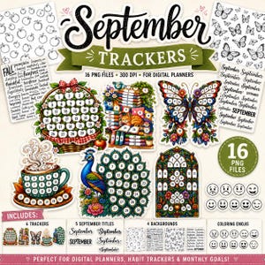 September Tracker Bundle Digital Planner Habit Journal 30 Day Monthly Goal Mood Coloring PNG Background Word Art Printable Inserts