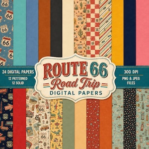May include: A collection of 24 digital papers featuring Route 66 road trip themes, including patterns with cacti, vintage cars, motels, and solid colors. The central label displays the text ROUTE 66 Road Trip DIGITAL PAPERS, 24 DIGITAL PAPERS, 300 DPI, PNG & JPEG FILES.