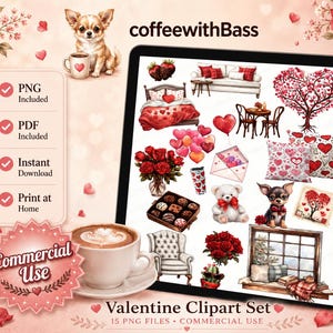 May include: A digital Valentine clipart set displayed on a tablet screen, featuring illustrations of red roses, heart-shaped trees, chocolates, teddy bears, and chihuahuas. The set includes 15 PNG files with a coffee cup and text coffeewithBass.