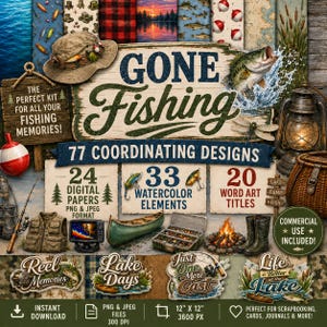 Peut inclure: Une collection numérique de 77 éléments de design sur le thème de la pêche, incluant 24 papiers, 33 éléments à l'aquarelle et 20 titres artistiques. Comprend un chapeau beige, un canoë vert, une boîte à pêche, une lanterne et un feu.