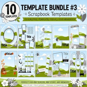 Op de afbeelding: Een digitaal plakboek-sjabloonpakket met 10 verschillende lay-outs met een lichtblauwe lucht en groene heuvels. De ontwerpen bevatten diverse fotokaders, titelplaatsaanduidingen, journaling-secties en decoratieve elementen zoals bloemen, heteluchtballonnen, vleermuizen en een egel.