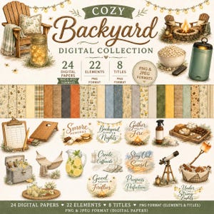 Könnte beinhalten: Eine digitale Sammlung mit dem Titel Cozy Backyard, bestehend aus 24 digitalen Papieren, 22 Elementen und 8 Titeln. Das Set enthält Illustrationen von Holzstühlen, einer Feuerstelle, einem Einmachglas, einer Hängematte, einer Kühlbox und einem Teleskop.