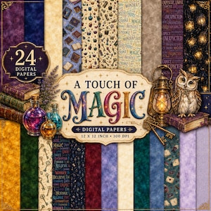 Può includere: Una collezione di 24 carte digitali con temi magici tra cui pile di libri, boccette di pozioni, chiavi, lanterne e un gufo. L'etichetta centrale riporta A TOUCH OF MAGIC DIGITAL PAPERS 12 X 12 INCH 300 DPI con vari motivi decorativi.