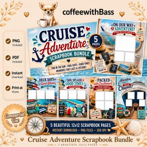 Peut inclure: Un ensemble de scrapbooking numérique intitulé Cruise Adventure comprenant cinq pages de 30,5x30,5 cm avec des thèmes nautiques, des graphismes de navires de croisière, des cadres photo et du texte. Inclut une boussole, une étoile de mer et un chihuahua.