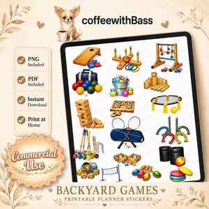 May include: A digital collection of backyard game illustrations including cornhole, ring toss, ladder toss, bocce balls, wooden blocks, tic-tac-toe, spikeball, jenga, badminton rackets, horseshoes, croquet, dice, and frisbees displayed on a tablet screen.