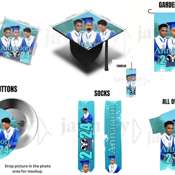 grad Tumbler, all over shirt, socks, mask, garden flags. buttons, grad cap Canva mockup drag and drop