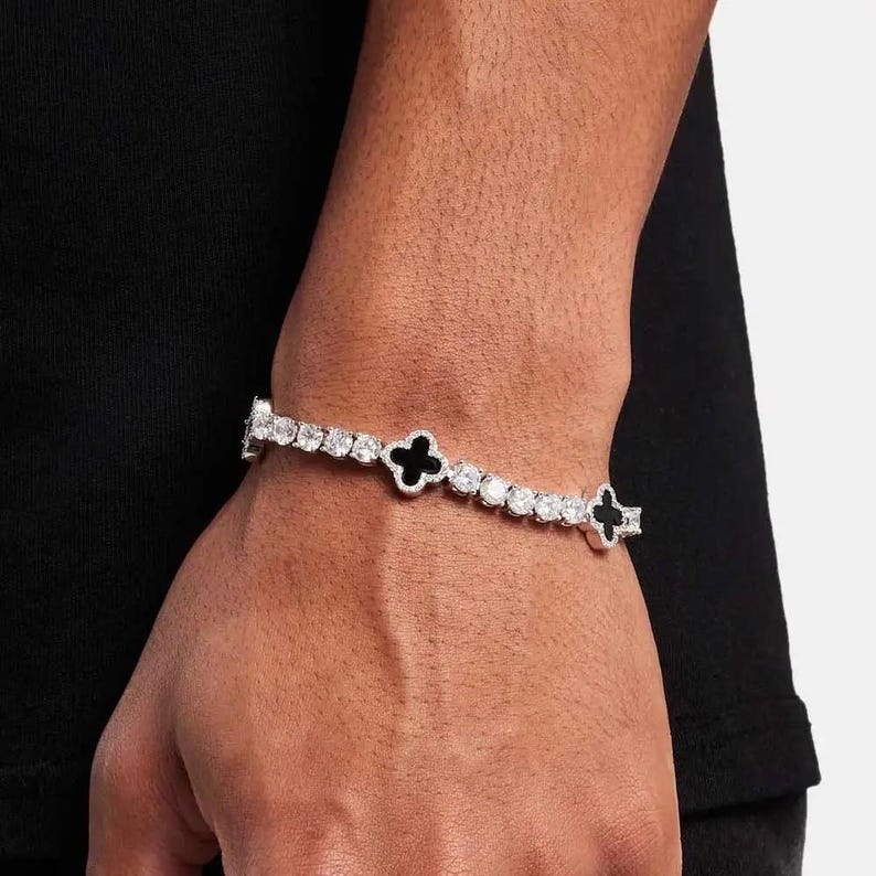 Mini Clover Tennis Bracelet, Black Moissanite Clover Bracelet, Agate