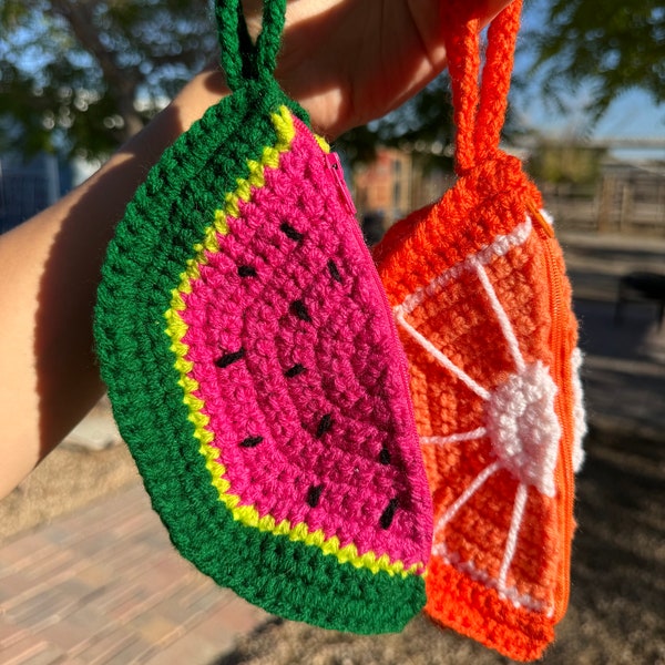 Crochet tutti fruity clutch zip bag, orange, kiwi, watermelon spring or summer handbag