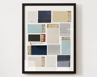 May include: A framed collage of matchboxes in various colors and patterns. The matchboxes are arranged in a grid pattern and feature a variety of designs, including solid colors, stripes, and geometric patterns.