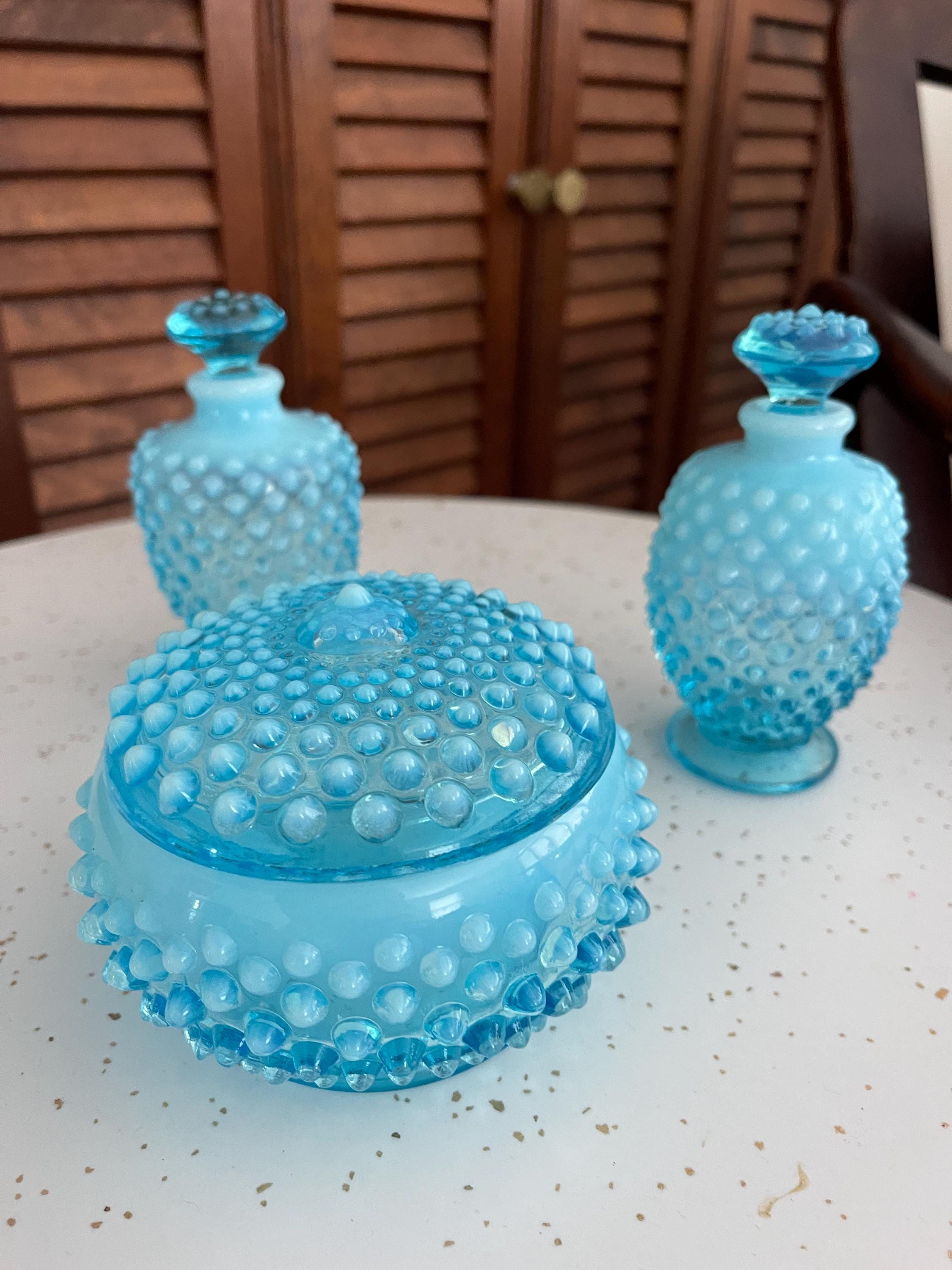 Vintage Fenton Blue Opalescent Hobnail Vanity Set: Perfume Bottles & Powder Jar