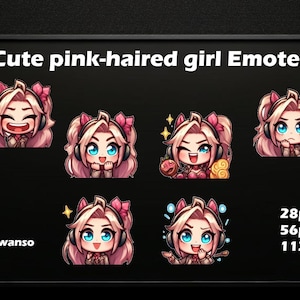 Cute Pink Haired Girl twitch emotes -  Twitch/Discord emotes  |  Discord Emotes | Chibi Emotes | Heart | Cute Emotes