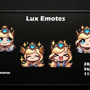 May include: Four animated emotes featuring a character named Lux from the game League of Legends. The emotes are in different poses and expressions, including a crying face, a smiling face, and a laughing face. The emotes are designed in a cartoon style with bright colours and a whimsical aesthetic. The text "Lux Emotes" is displayed at the top of the image, and the text "@Dowanso" is displayed at the bottom of the image. The text "28px", "56px", and "112px" is displayed in the bottom right corner of the image.