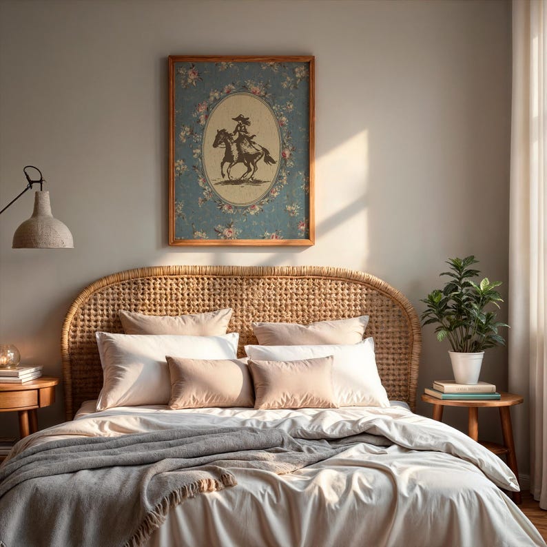May include: A bedroom scene featuring a bed with a woven headboard, adorned with pillows and a soft blanket. A framed artwork depicting a rider on a horse hangs above the bed. The room is bathed in natural light, creating a cozy atmosphere.