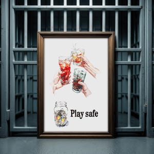 Play Safe Cocktail Poster – Barwagen Happy Hour verantwortungsbewusst trinken – Glas mit Schlüsseln – druckbare Kunst – herunterladbare Kunst – trendiger Wandkunstdruck