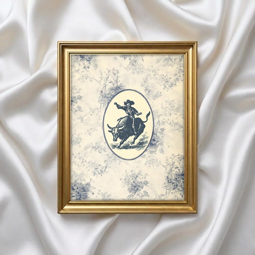 Skeleton Bull Rider Western Gothic Art Print Vintage Style Wall Decor ...