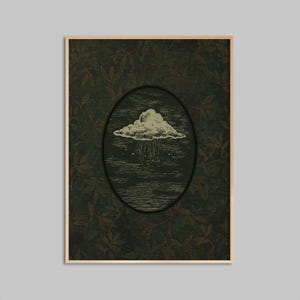 May include: A framed art print featuring a vintage-style illustration of a cloud with rain. The cloud is centered within an oval frame against a dark green background with a leaf pattern. The frame is a light brown color.