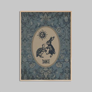 Dancing Rabbit and Turtle Vintage Engraving Printable Wall Art