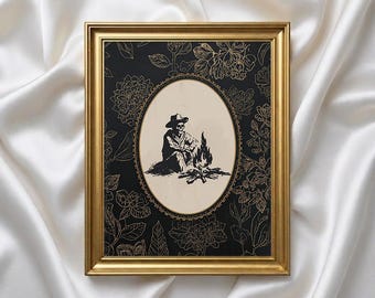Skeleton Cowboy Campfire Art Print, Moody Western Gothic Wall Decor