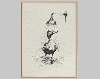 May include: A black ink line drawing on textured off-white paper depicting a duck standing under a wall-mounted shower head. The duck is positioned centrally, facing slightly to the right, with water droplets falling from the shower head.