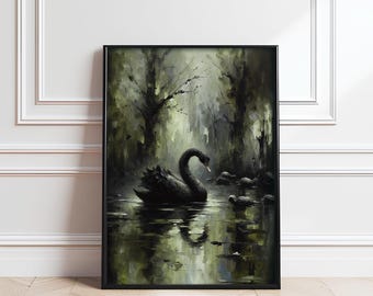 Black Swan Art Print: Dark Cottagecore Mystical Forest (Digital Download)