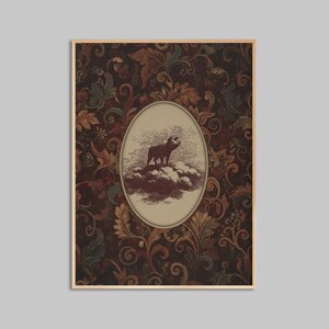Puede incluir: Impresión vintage enmarcada con una ilustración en tonos sepia de un cerdo sobre nubes dentro de un marco ovalado. El fondo presenta un patrón floral oscuro y ornamentado en tonos marrones, rojos y dorados.