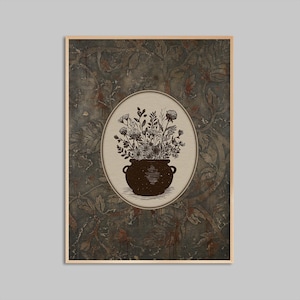 May include: A framed botanical print featuring a dark brown pot filled with various flowers and foliage. The pot is centered within an oval frame, set against a textured, patterned background in shades of brown and green.