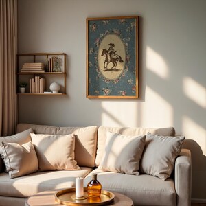 May include: A framed vintage-style print featuring a rider on horseback, set against a floral patterned background. The artwork is enclosed in a gold-colored frame and hangs above a beige sofa. A round coffee table with a candle and a bottle is in front of the sofa.