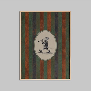 Puede incluir: Impresión enmarcada con una ilustración vintage de una rata tocando la flauta, enmarcada en un óvalo. El fondo presenta rayas verticales en verde, marrón y negro. La obra de arte tiene un aire clásico de cuento de hadas.