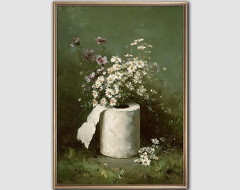Jarrón con estampado floral verde salvia para papel higiénico: Arte de pared original para el baño (descarga digital)