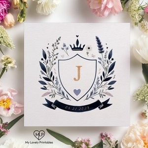 Royal Botanical Initial Watercolor Family Crest, Custom Initial Monogram with Floral Accents, Classic Elegant Ribbon  | My Lovely Printables