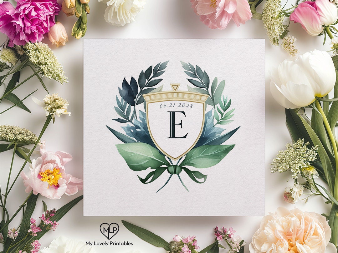 Elegant Botanical Watercolor Crest - Custom Initial Monogram With Dark ...