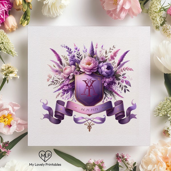 Lavish Lilac Watercolor Crest - Interlocked Initals Monogram with Lush Purple Florals for Regal Wedding Stationery | My Lovely Printables