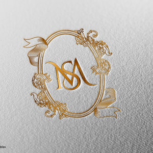 May include: Gold monogram featuring the letters "NS" within an ornate oval frame, adorned with intricate floral designs and ribbon accents.