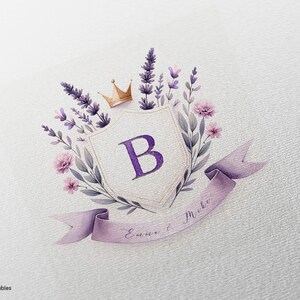 Regal Lavender Watercolor Crest - Customizable Monogram with Crown and Floral Banner for Sophisticated Wedding Logo | My Lovely Printables