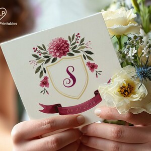Blossoming Elegance Watercolor Family Crest, Custom Initial Monogram with Floral Accents, Classic Elegant Ribbon  | My Lovely Printables