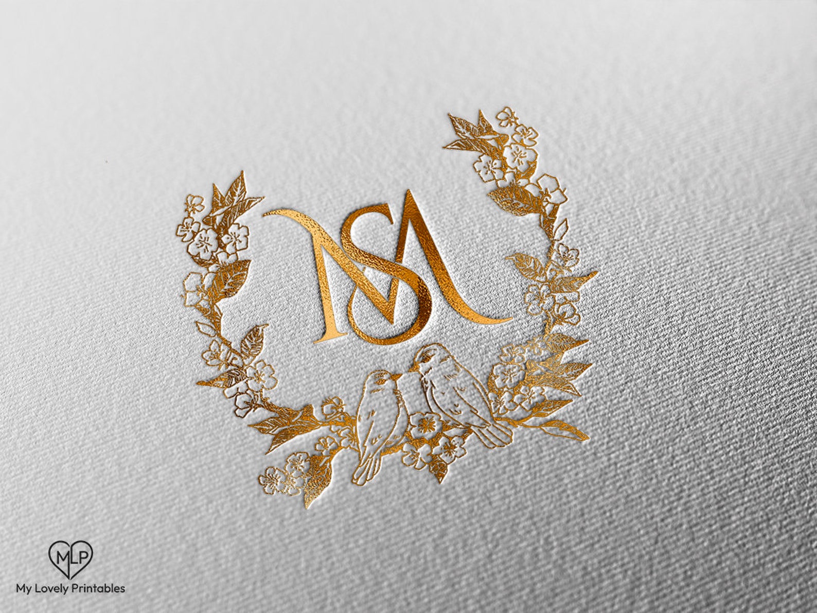 Charming Floral and Bird Monogram Crest, Custom Wedding Emblem ...