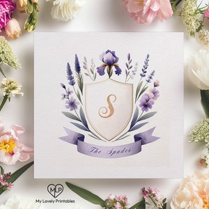 Lavender Whisper Watercolor Crest, Custom Initial Monogram with Floral Accents, Classic Elegant Ribbon  | My Lovely Printables