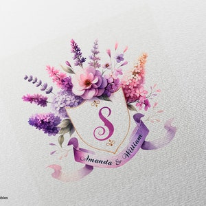 Lavender Love Watercolor Crest, Custom Initial Monogram with Floral Accents, Classic Elegant Ribbon  | My Lovely Printables