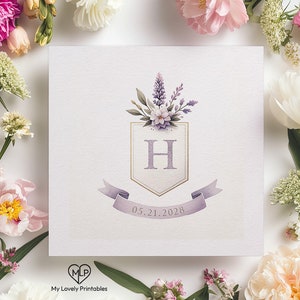 Lavender Watercolor Crest, Personalized Initial Logo, Lilac Wedding Shield Monogram, Custom Wedding Date Emblem | My Lovely Printables