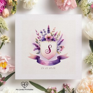 Enchanted Floral Watercolor Family Crest, Custom Initial Monogram with Floral Accents, Classic Elegant Ribbon  | My Lovely Printables