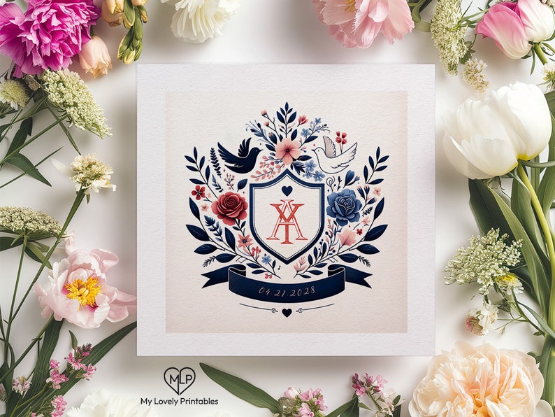 Doves and Roses Watercolor Crest, Interlocking Initials Monogram With ...