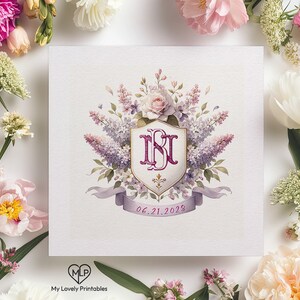 Lavender and Rose Watercolor Crest - Interlocking Monogram Surrounded by Lilac Blossoms - Elegant Wedding Stationery | My Lovely Printables